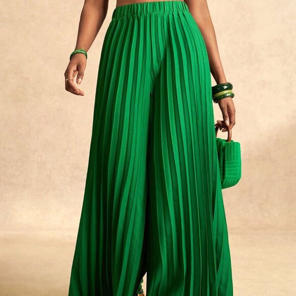 Green Casual Women's Elegant Pleated Wide-Leg Elastic Waist Pants - Picture 2 of 8